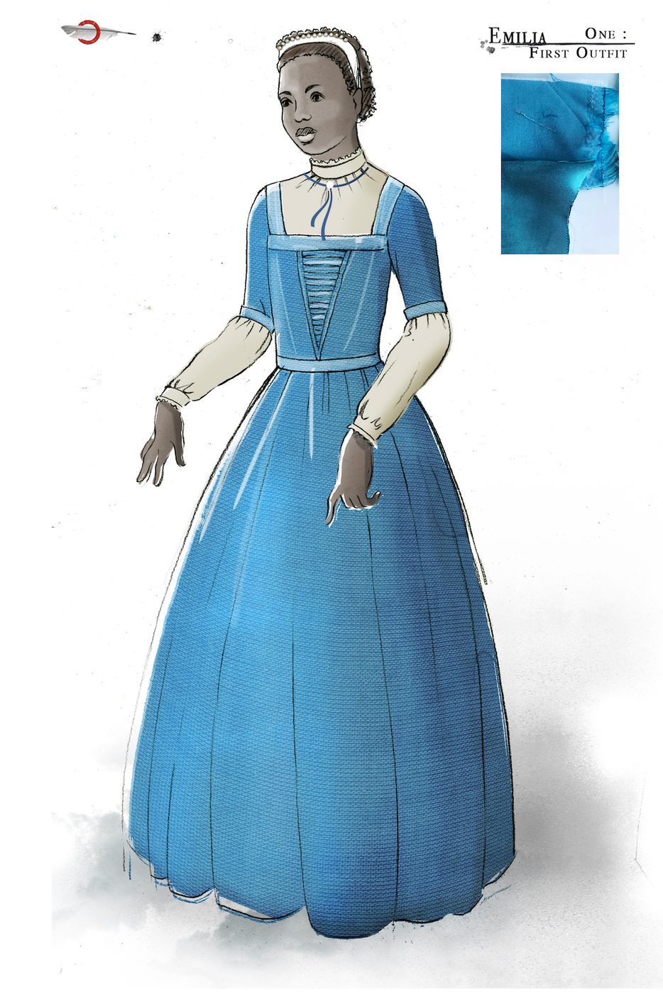 A costume sketch of a blue Elizabethan dress