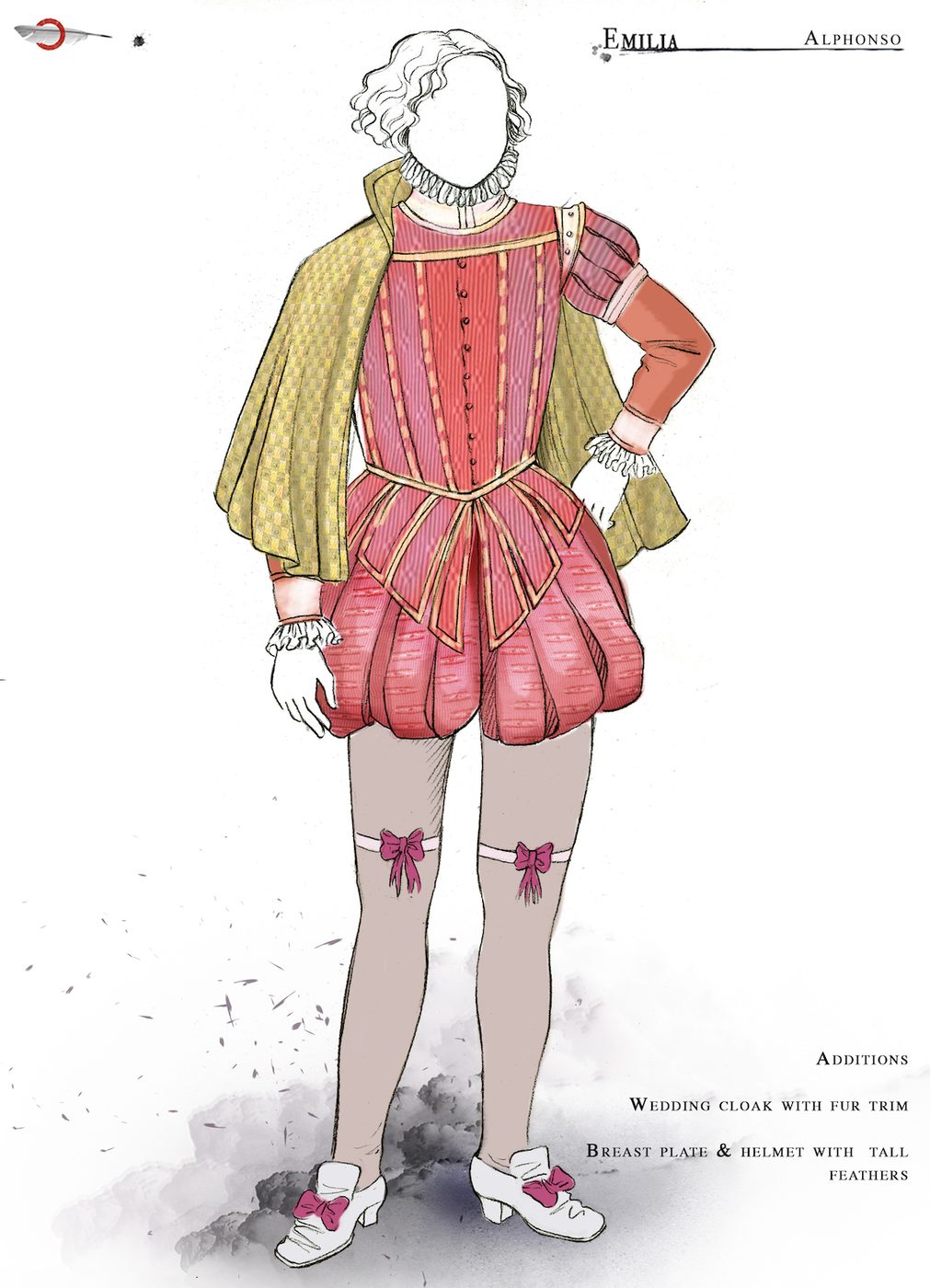 A costume sketch of male Elizabethan clothing complete short breeches and a ruff