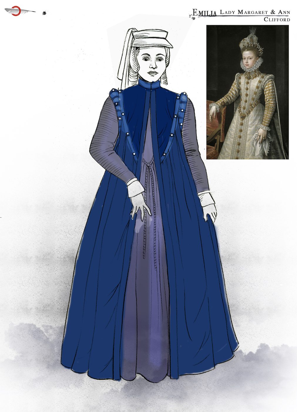 A costume sketch of a blue Elizabethan dress