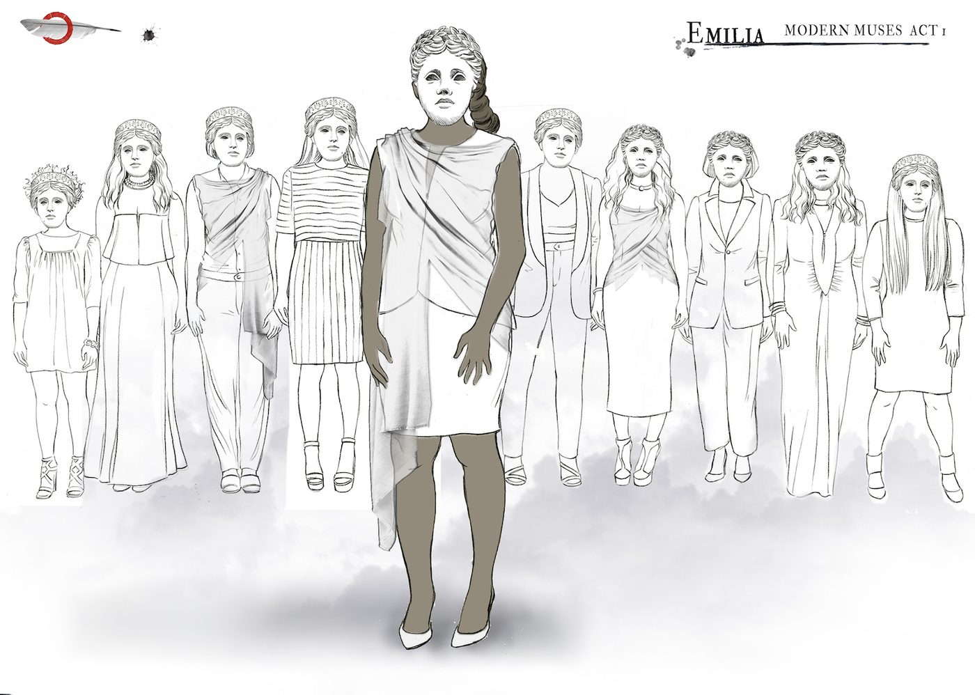 Outline sketches of costume design shows 10 different outfits