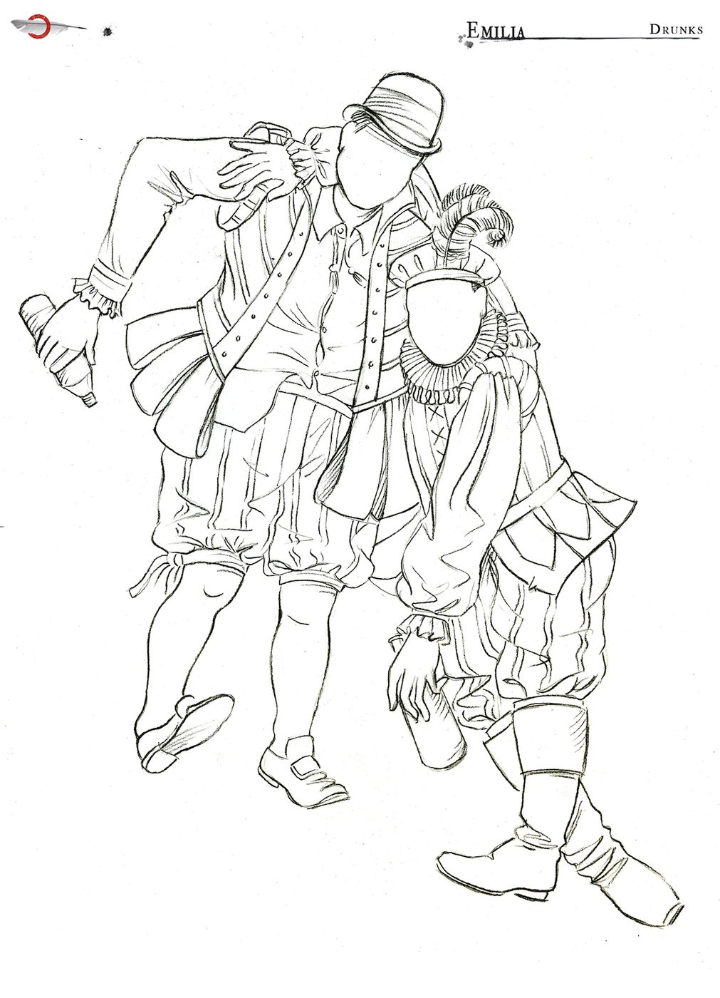 A costume sketch shows an outline of two characters ‘Drunks’ in Elizabethan dress