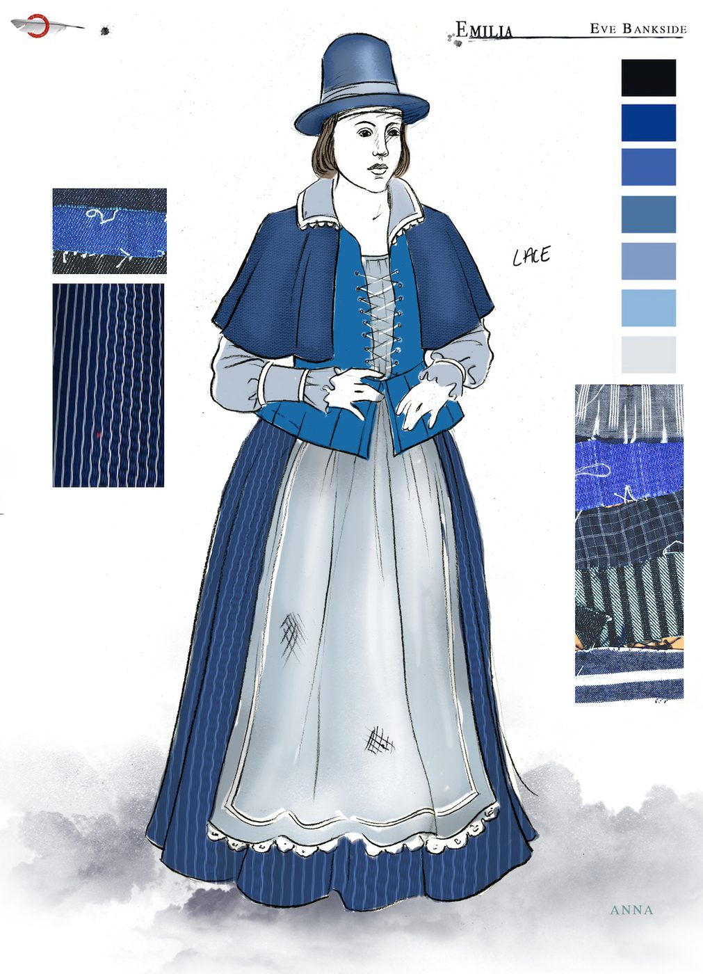 A costume sketch of a blue Elizabethan dress