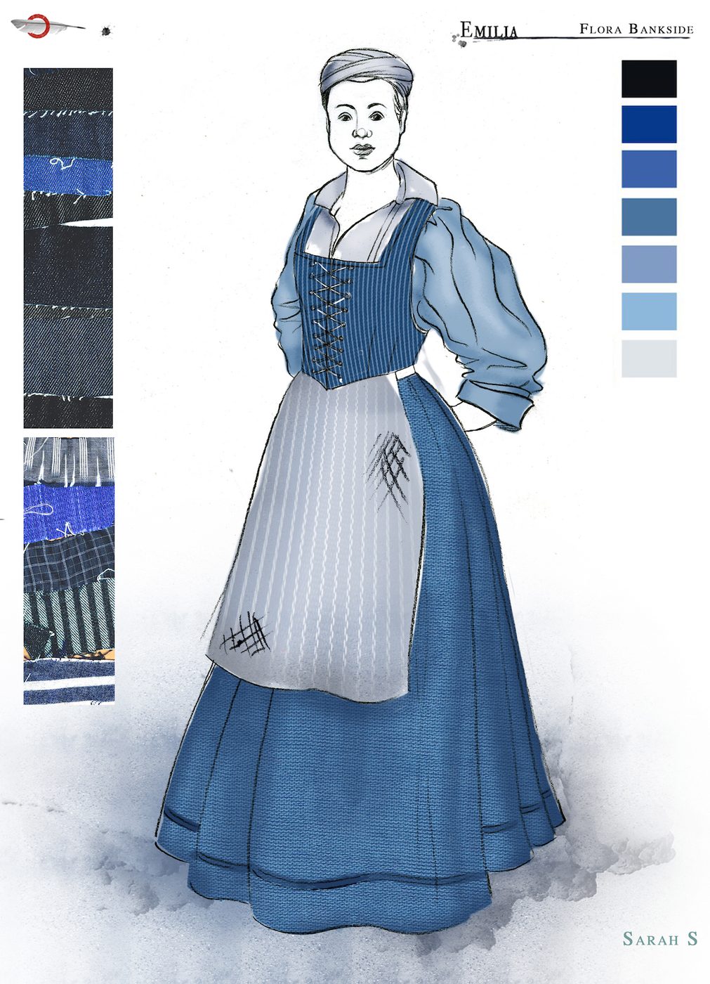 A costume sketch of a blue Elizabethan dress