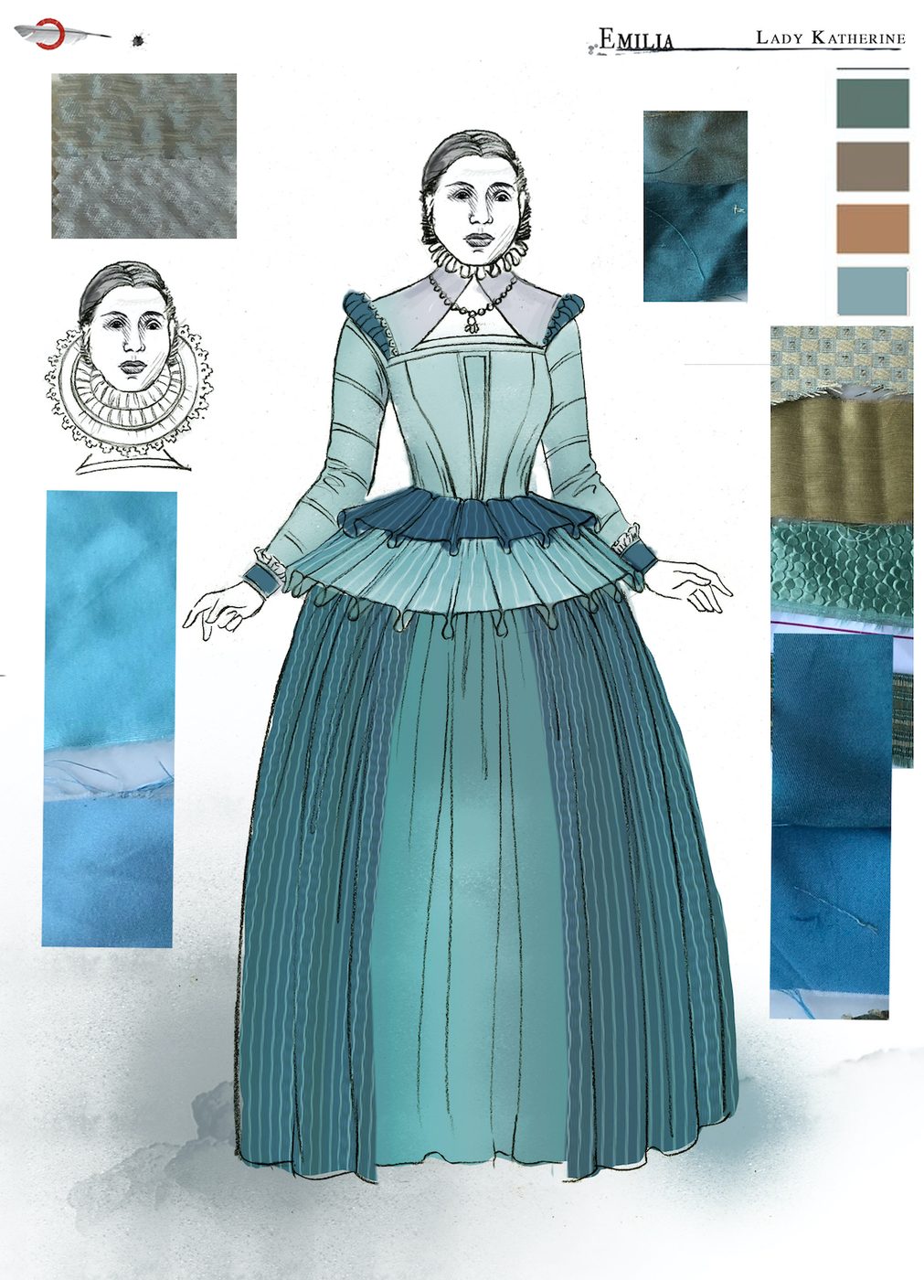 A costume sketch of a green Elizabethan dress
