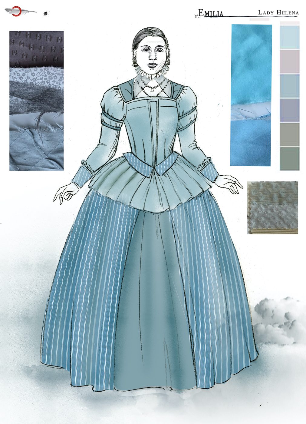 A costume sketch of a blue Elizabethan dress