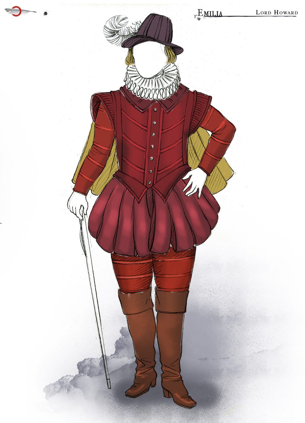 A costume sketch of red male Elizabethan outfit