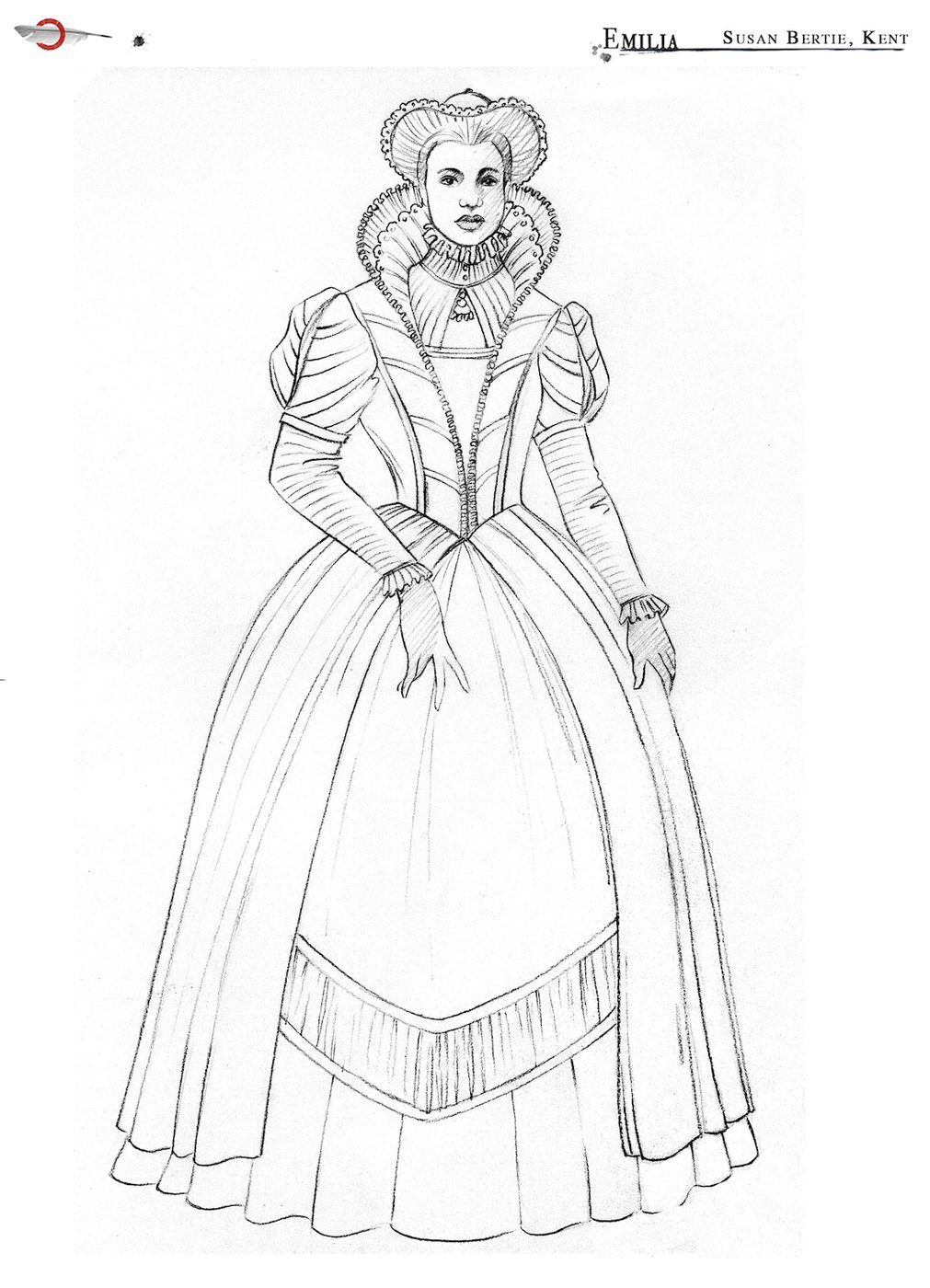 An outline illustration of a women’s Elizabethan dress with ruff and elegant headwear