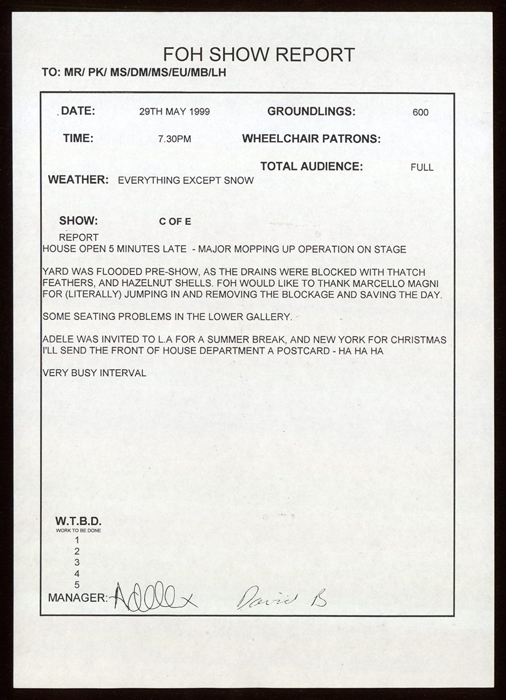 A document detailing a show report