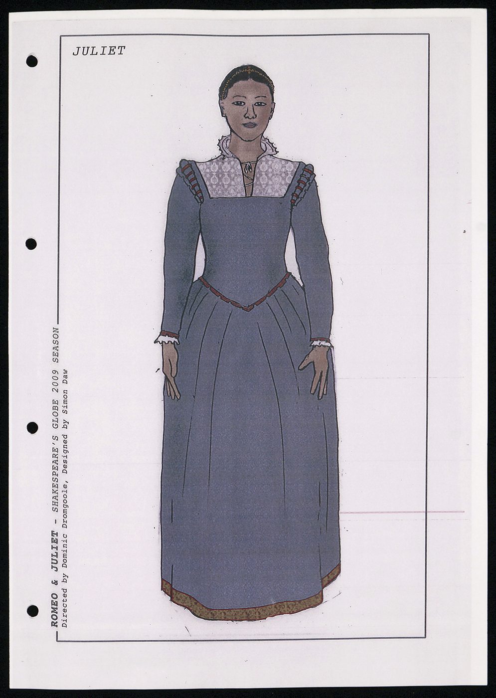 A costume sketch for Juliet with a high necked blue corset dress.
