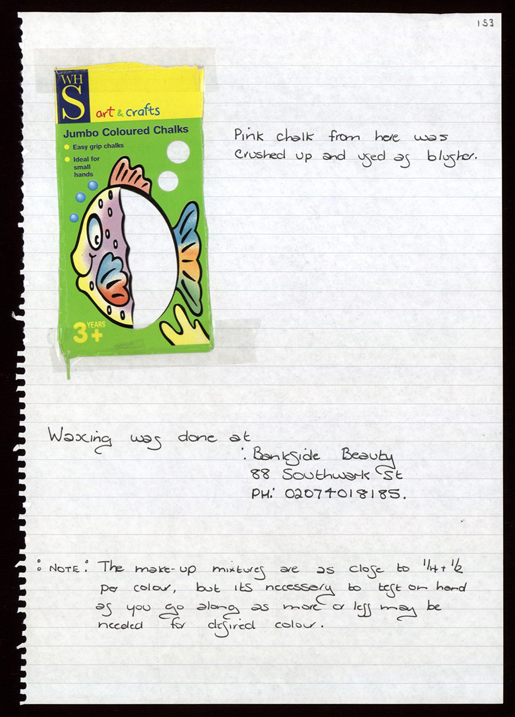 A document detailing how chalk was used in the make up process.