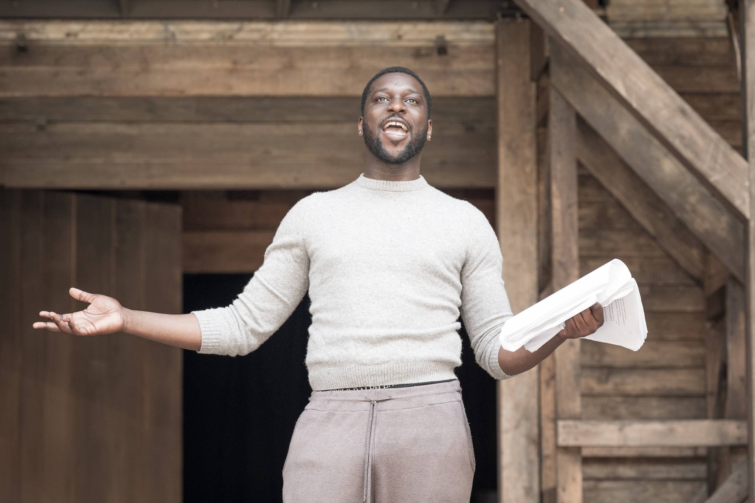 Marcus Olale as Fenton/Nym in rehearsal for The Merry Wives of Windsor.