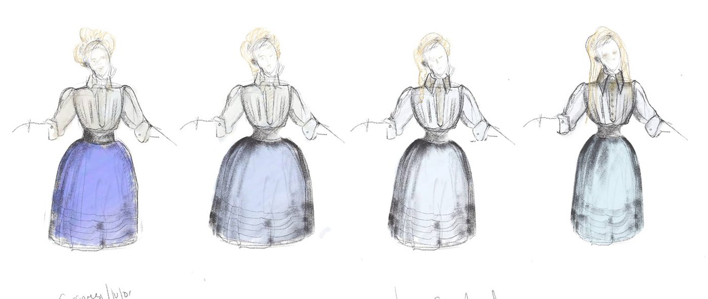 Costume sketch by Oli Townsend. It shows four different options for the same character. All four are similar - a blue skirt with a white shirt. However, the blue tones of the skirt are different in each sketch, and there is some variety in the collar and colour of the shirt, too - the one on the right is more of a cream shirt, for example, with a high starched collar.