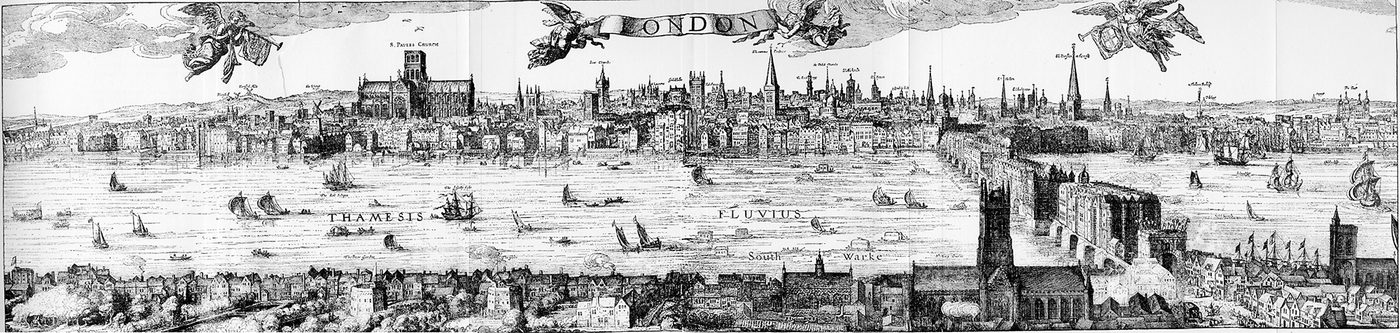 A panorama view of London with St Pauls, the City of London to the North, and the theatre and bear-baiting pits to the south of the river, from the early 1600s.