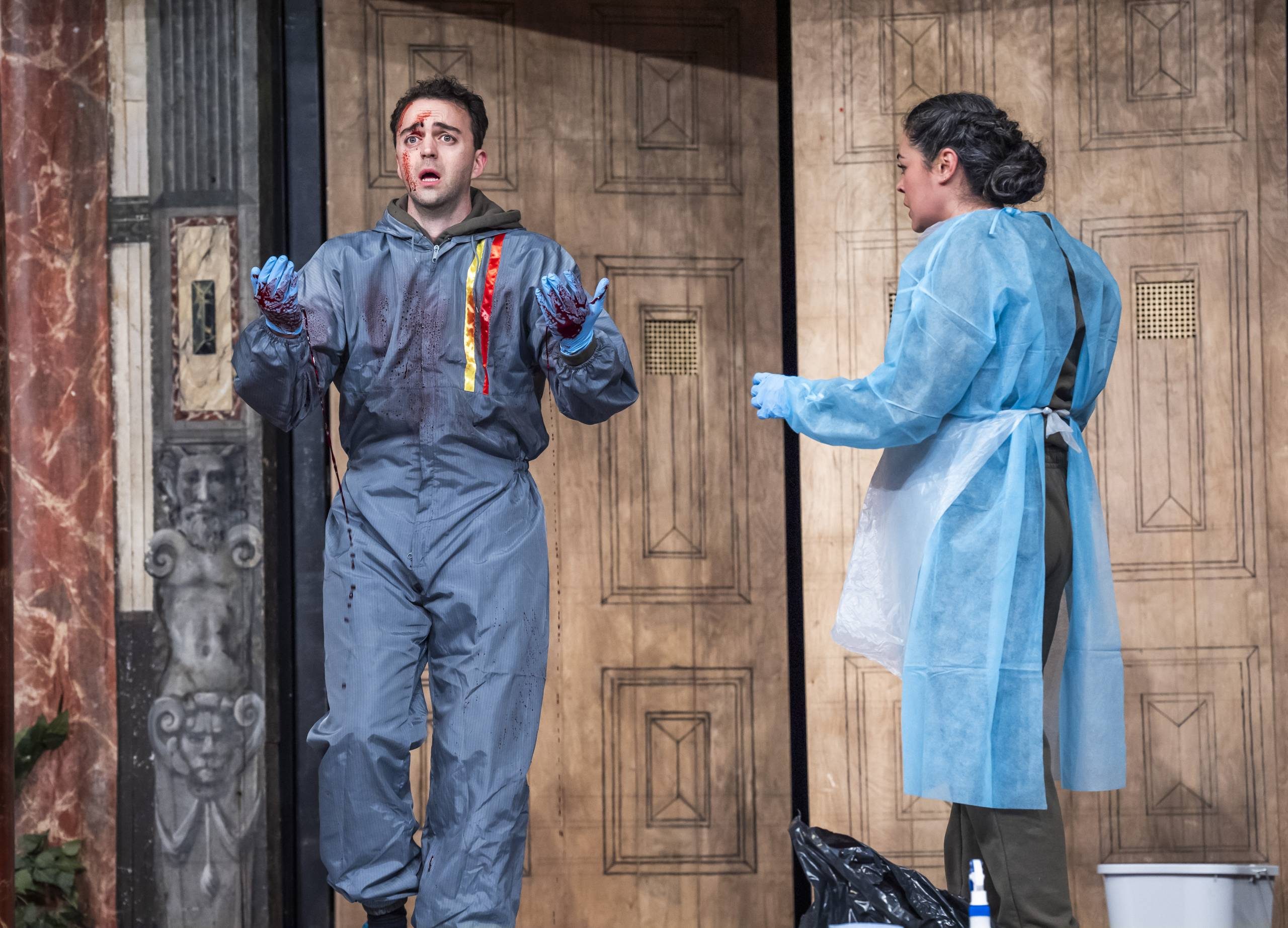 Patrick Osborne as Macbeth and Hanora Kamen as Lady Macbeth in Playing Shakespeare with Deutsche Bank: Macbeth at Shakespeare's Globe c. Tristram Kenton