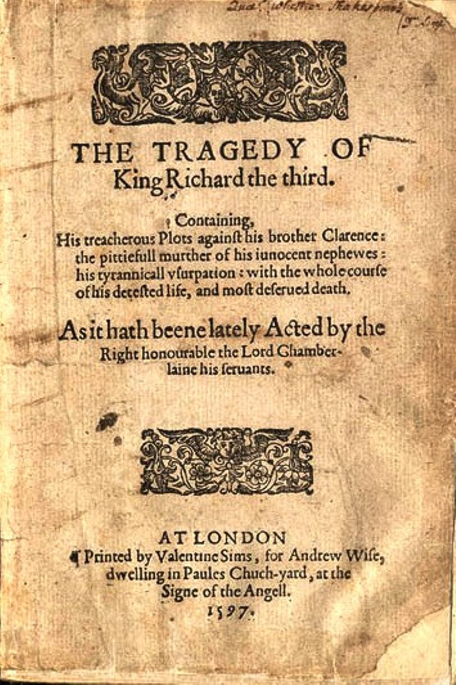 Cover of the 1594 quarto of Richard III.
