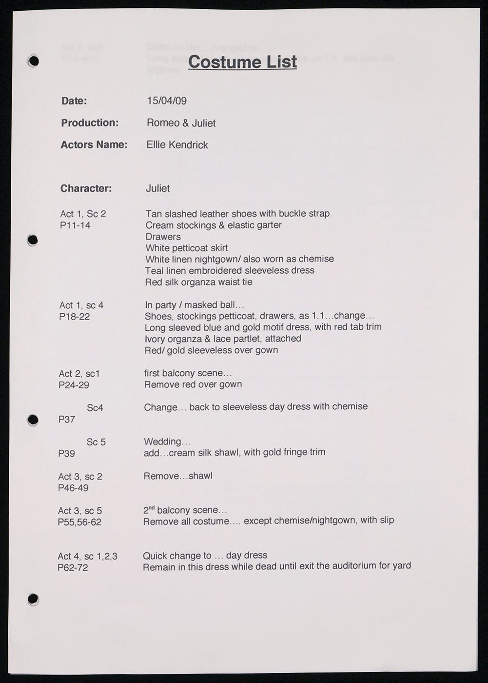 A sheet a paper detailing the costume list for the character of Juliet.