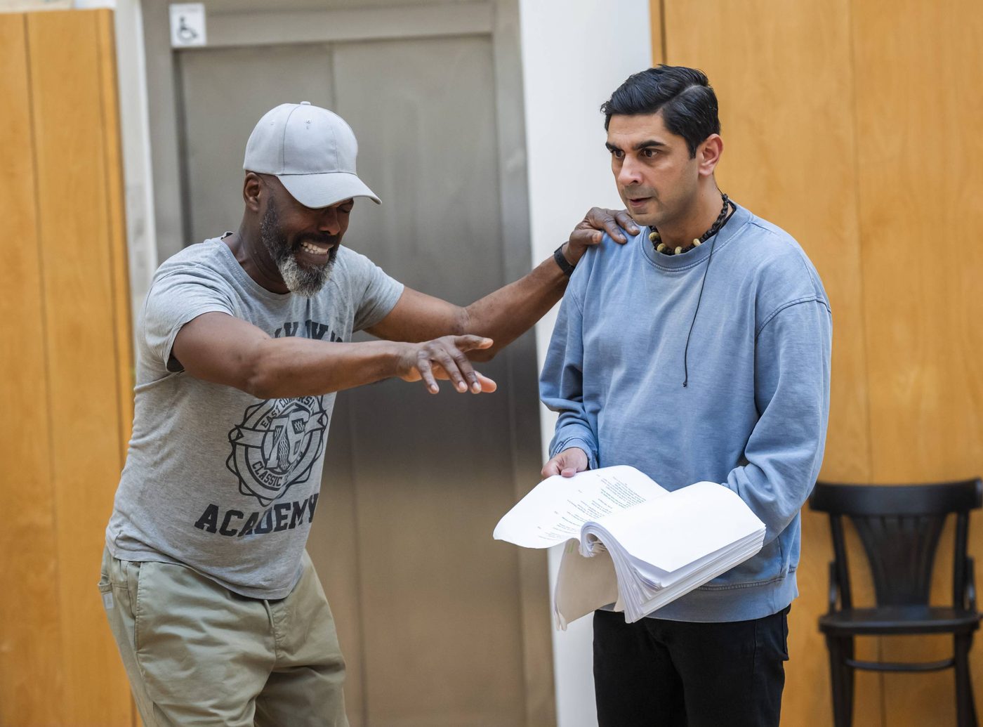Marcus Adolphy and Dharmesh Patel in a Globe rehearsal room.
