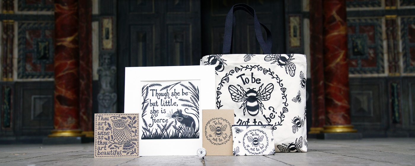 A selection of white and beige products, including a print, card, tote bag, notebook and purse, featuring a illustrative screen printing design of bees, flowers, and animals.