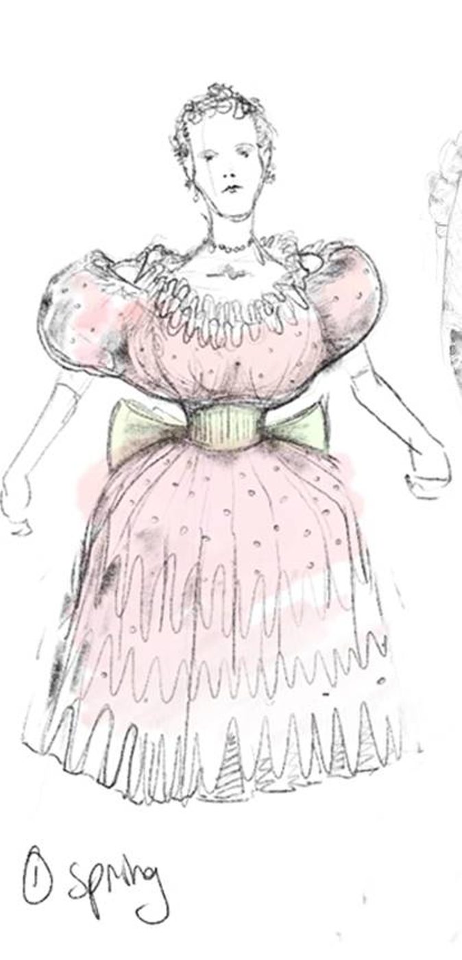 Costume sketch by Oli Townsend. It shows a woman in a garish pink dress with a lime green sash around the waist, tied in a large bow at the back.