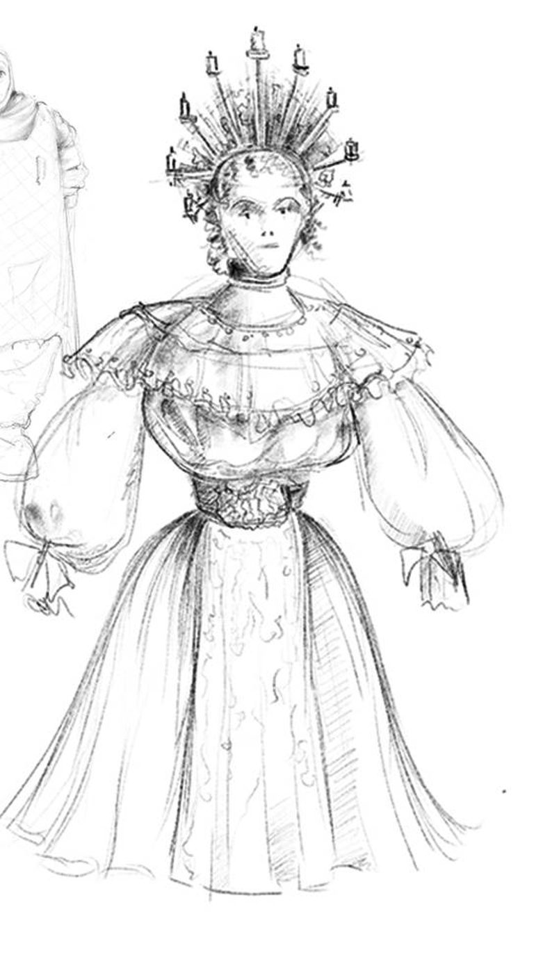 A costume design from Three Sisters, showing a woman in a frilly, lacy dress with enormous sleeves and a very narrow waist. She has a serious expression and wears a high tiara made from lit candles, which surround her face in a halo.
