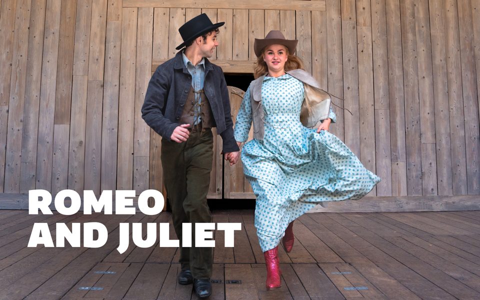 Actors playing Romeo and Juliet striding out onto the stage holding hands and smiling. Text reads "Romeo and Juliet"